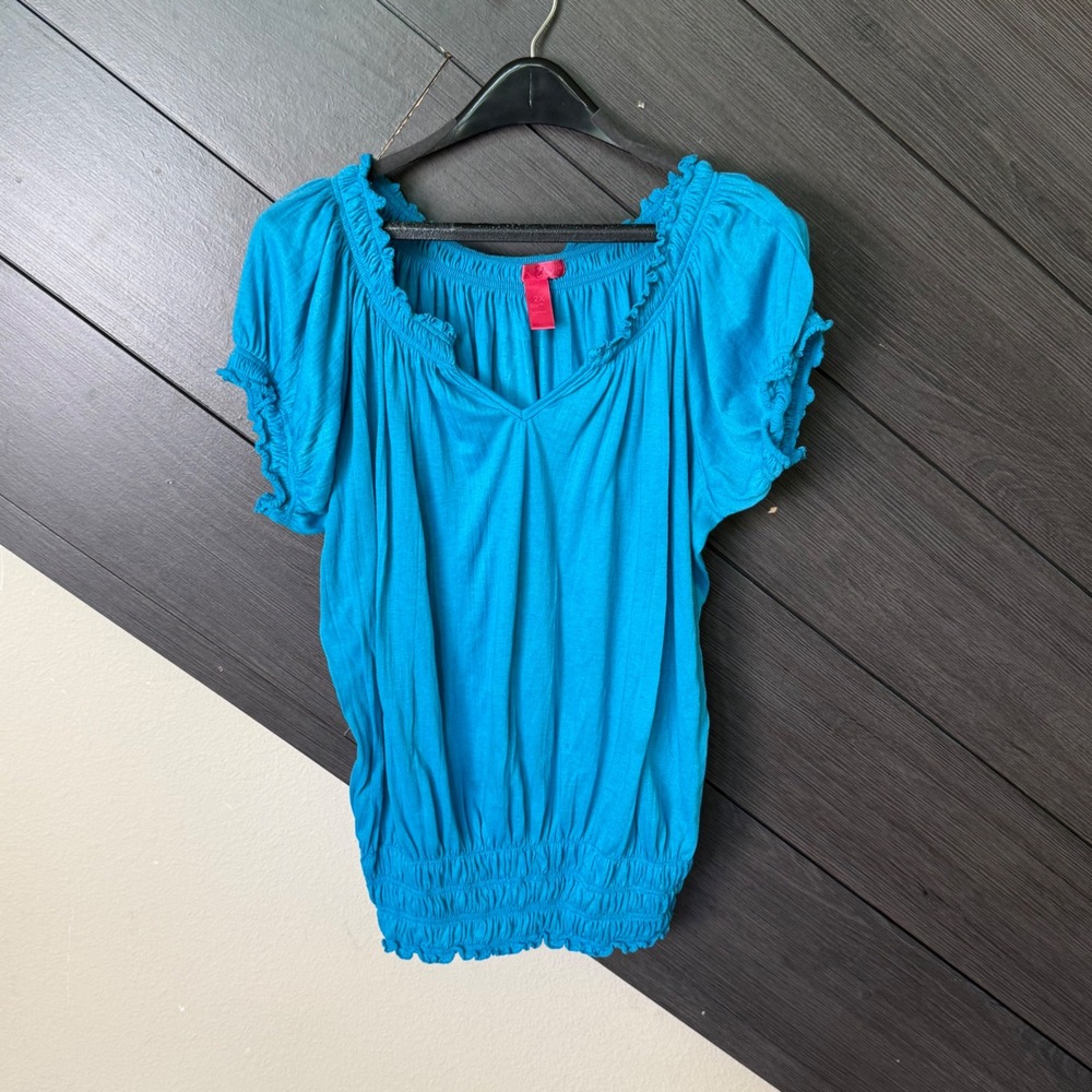 Mix & Co Women's Peasant Blouse 2X Blue Smocked Stretch Boho Short Sleeve Y2K